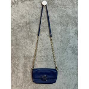 Tory Burch Leather Amanda Crossbody Purse Or Clutch Blue Gold Chain Preppy Twee